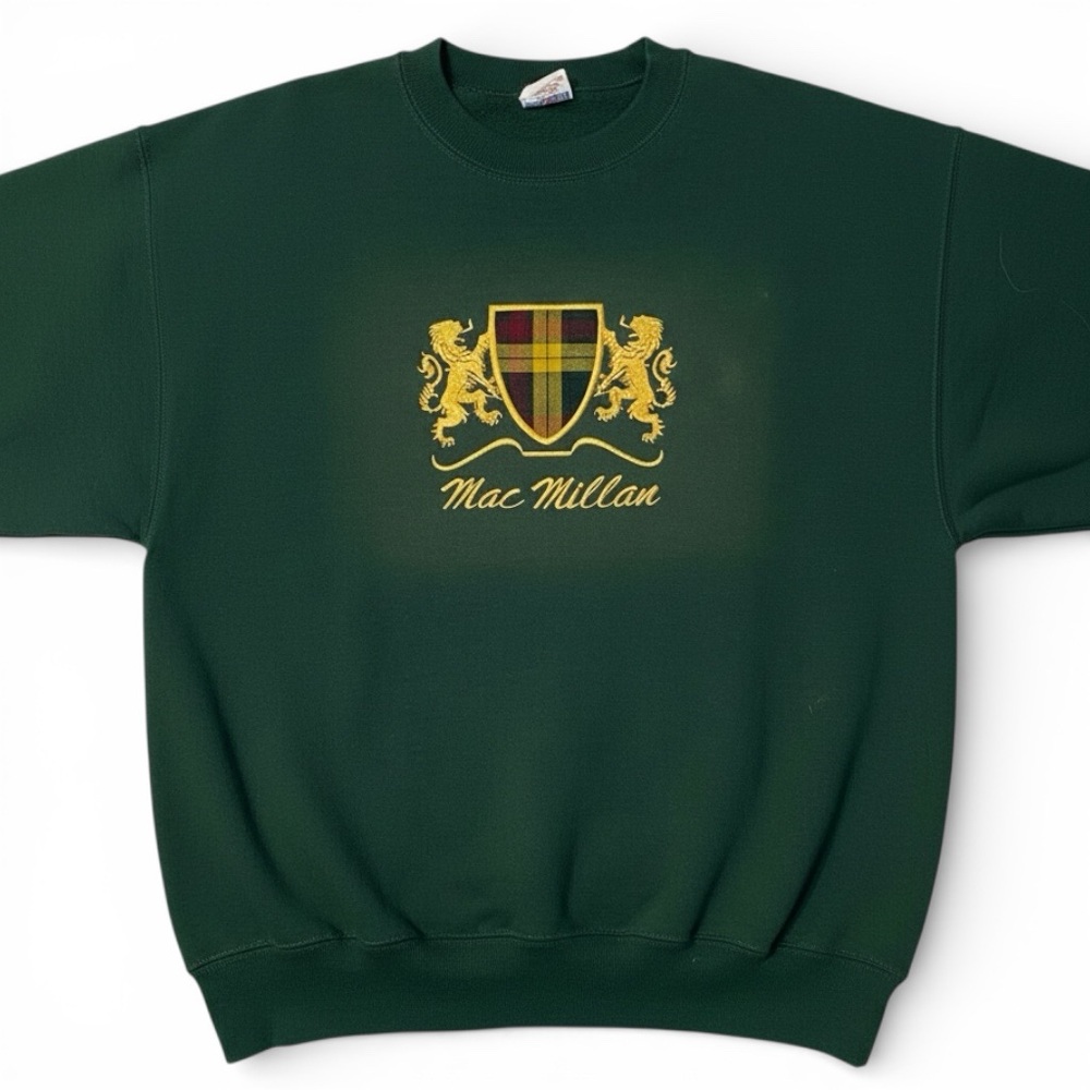 VINTAGE Mac Millan Crest‎ Crewneck Sweatshirt Green Graphic Crew 90s Collegiate